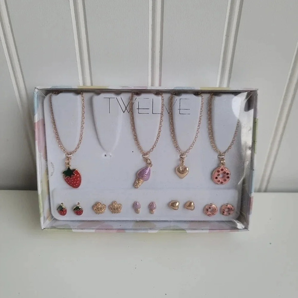 New TWELVE Gold Color Necklace Earring Set Strawberry Heart Donnut Ice-cream - Picture 1 of 9